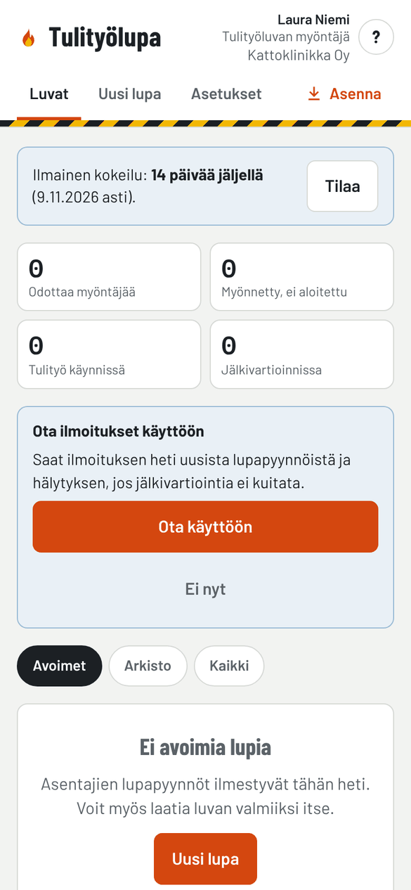 Etusivu ja ilmoituskehote