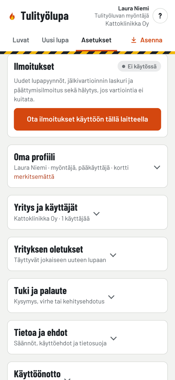 Ilmoitukset asetuksissa
