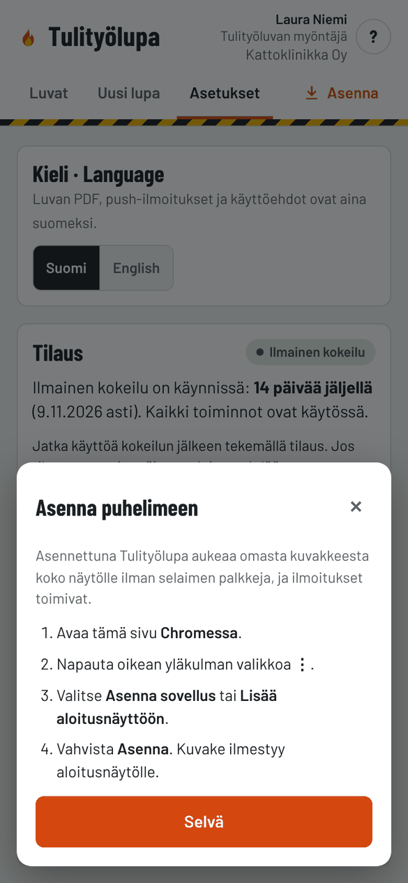 Asennusohje puhelimessa
